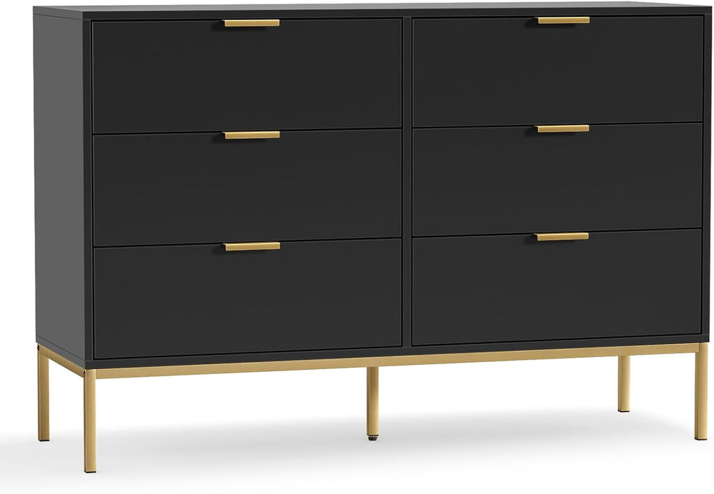 Black Dresser for Bedroom, Modern 6 Drawer Dresser, Chest of Drawers Closet Organizers and Wood Storage Clothes, White Dresser with Golden Handles for Living Room, Hallway