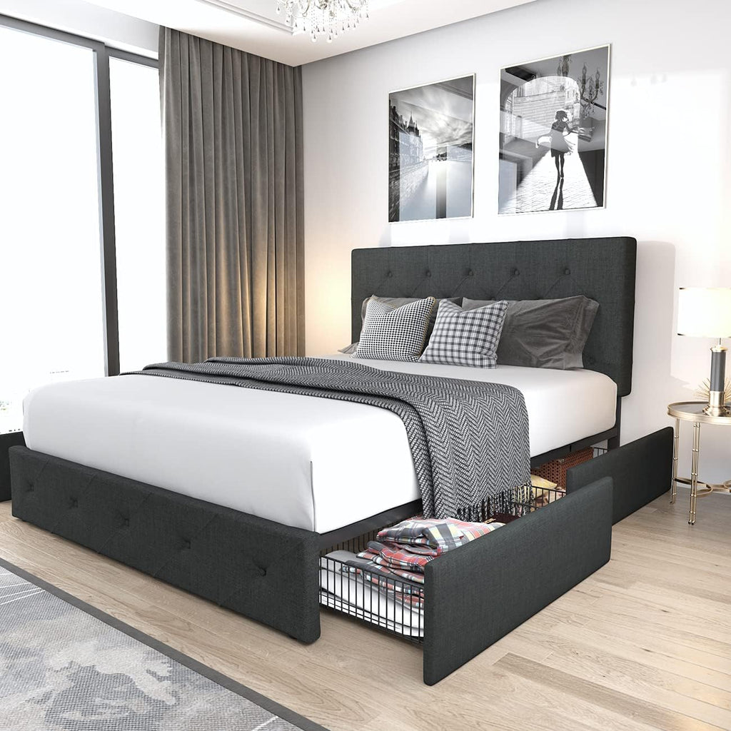 Upholstered Queen Size Platform Bed Frame with 4 Storage Drawers and Headboard, Square Stitched Button Tufted, Mattress Foundation with Wooden Slats Support, No Box Spring Needed, Light Grey
