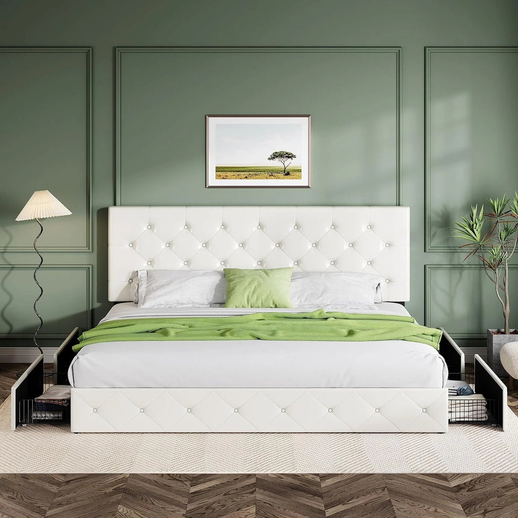 Upholstered Queen Size Platform Bed Frame with 4 Storage Drawers and Headboard, Square Stitched Button Tufted, Mattress Foundation with Wooden Slats Support, No Box Spring Needed, Light Grey