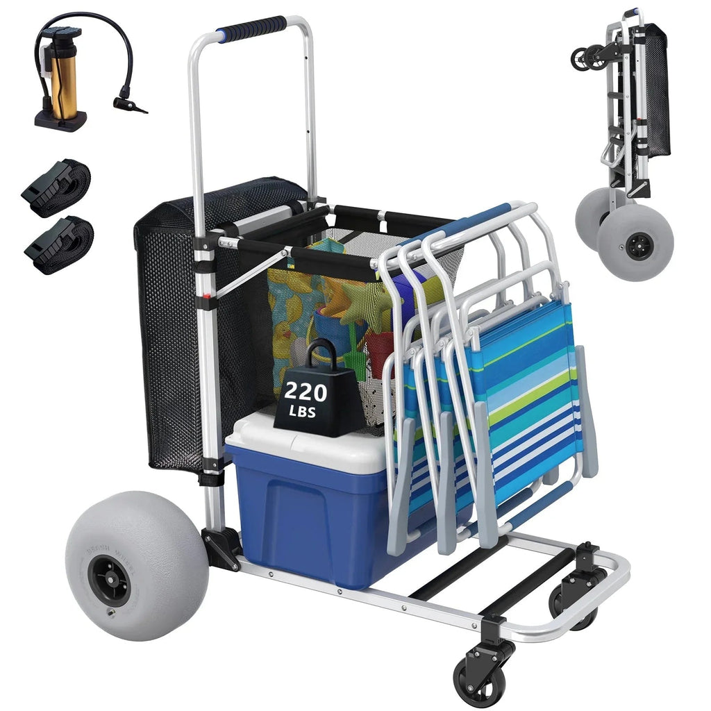 Foldable Beach Cart with Adjustable Handle and 12" Balloon Wheels, Heavy Duty Aluminum 220LBS Capacity