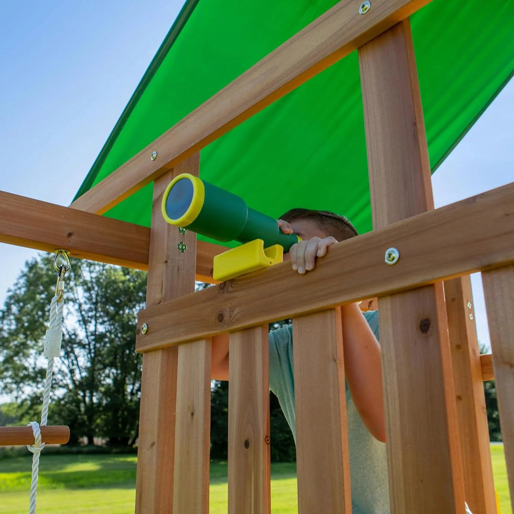 Mount Mckinley Cedar Wood Swing Set with Wave Slide, Play Deck, Double Rock Wall, Rope Ladder, Web Swing, Belt Swings, Toy Telescope, Steering Wheel, Sandbox Area, Outdoor Playset